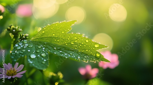 Vibrant green leaf with dewdrops amidst blooming wildflowers, symbolizing nature's resilience and beauty.
