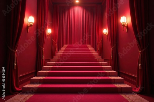 Crimson carpet ascends grand staircase, flanked by shimmering lights & plush velvet curtains , fabric, illumination, luxury