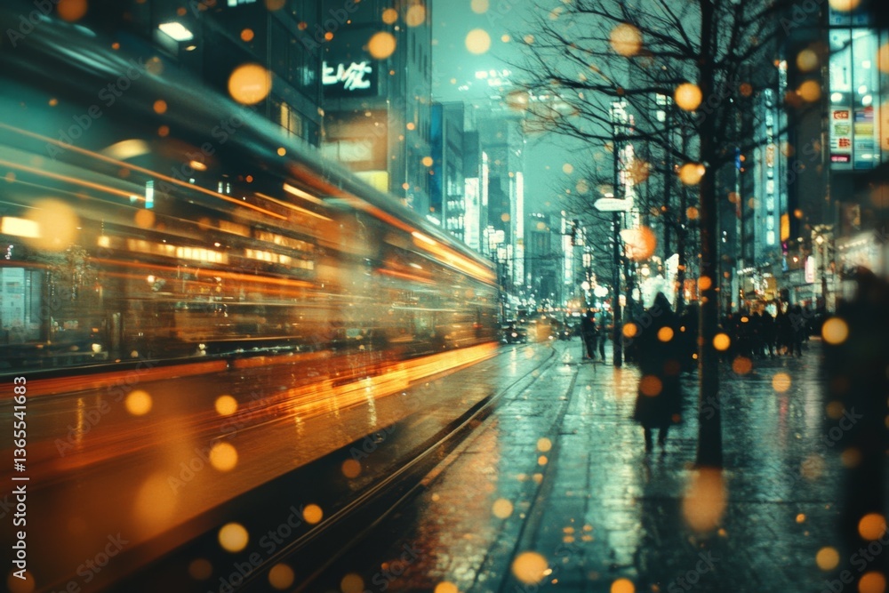 City street at night with reflections of neon lights on wet pavement City street at night with reflections of neon lights on wet pavement