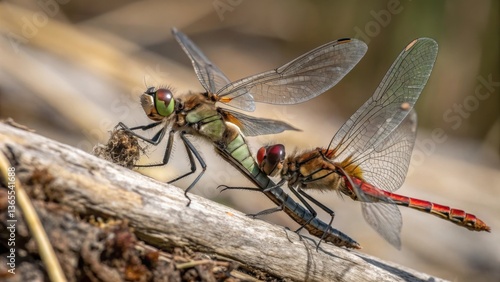 Two dragonflies in the act of mating, creating a breathtaking view of their natural behavior