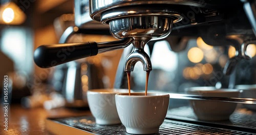Close-up view of espresso being poured into cups.