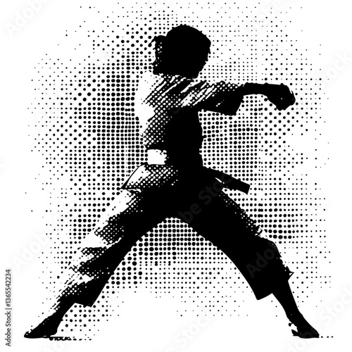 karate woman in fighting stance, halftone retro vector silhouette