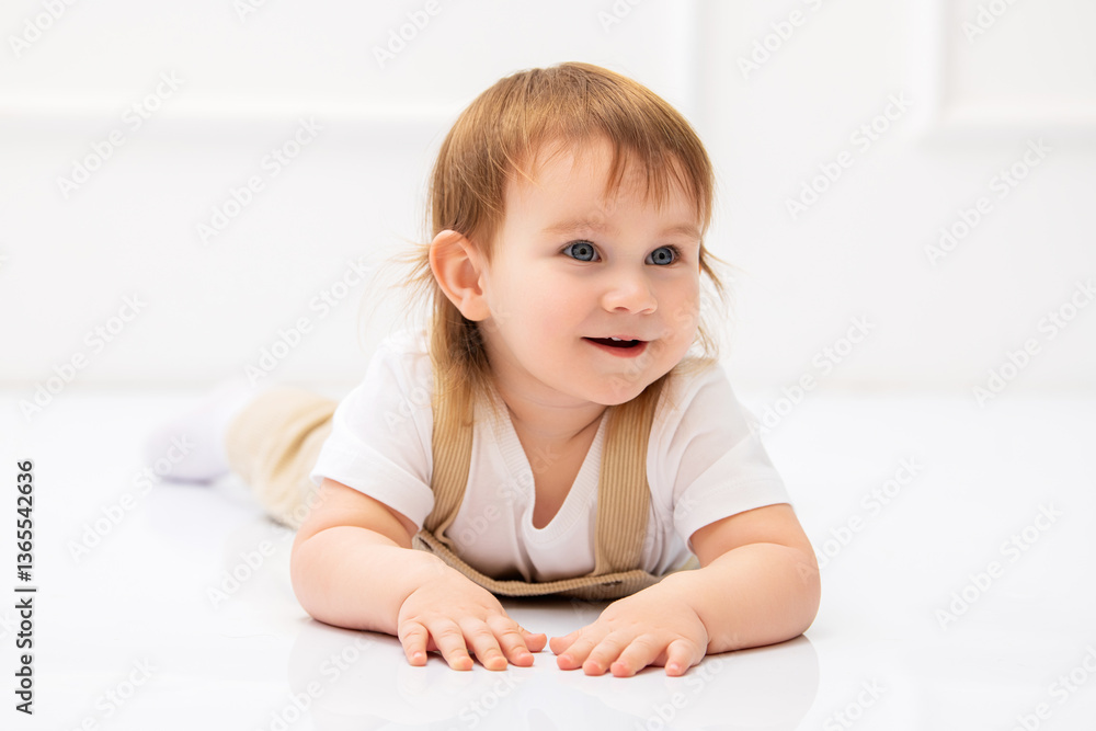joyful toddler with bright blue eyes and light brown hair lies on a reflective white floor, smiling cheerfully. The child's laughter and natural happiness create a heartwarming and playful scene joyful toddler with bright blue eyes and light brown hair lies on a reflective white floor, smiling cheerfully. The child's laughter and natural happiness create a heartwarming and playful scene