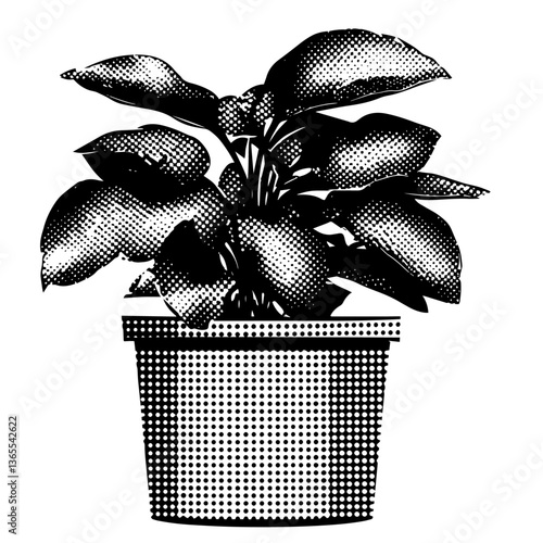 halftone vector illustration of a potted houseplant in black and white style