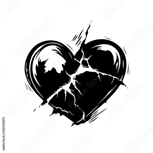 cracked heart vector illustration in black and white