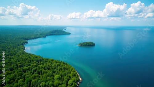 Aerial view of Lake Huron, showing coastline and islands , topography, environment