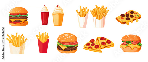 Fast food delivery menu background with various burgers, cheeseburger, nuggets, french fries, fizzy soda drinks. Junk unhealthy fast food, Ultra processed food with low nutrition, high calories value