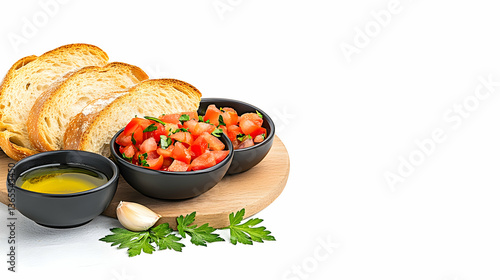 Crusty bread slices, diced tomatoes, olive oil, and garlic on a wooden board