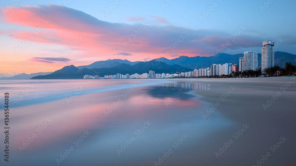 Fototapeta premium Pink Sunset over Ocean Beach with City Skyline