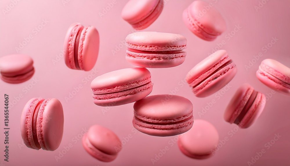 Obraz premium pink macarons are suspended in mid air against a pastel background creating a visually appealing image with a focus on the texture and color of these delicate french pastries