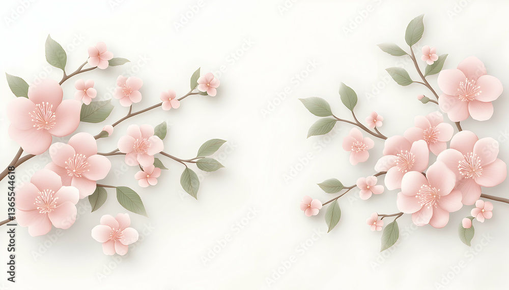 custom made wallpaper toronto digitalDelicate pink blossoms on branches with leaves, arranged symmetrically on a white background