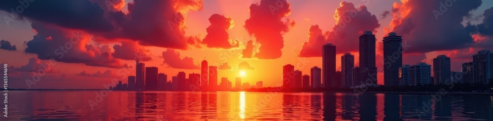 Fototapeta premium Silhouetted skyscrapers against a fiery sunset over Biscayne Bay , image, hdr, miami