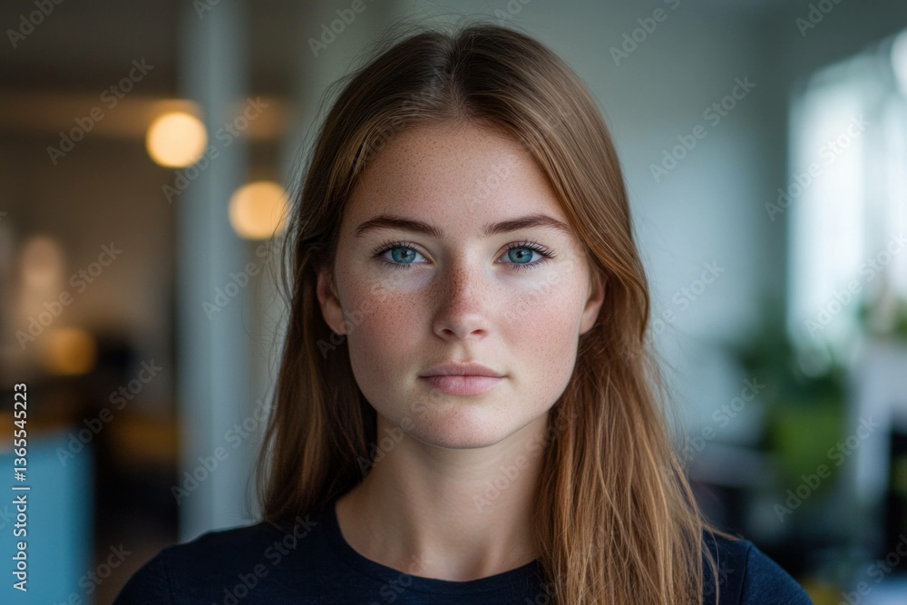 Female model with long brown hair, focused expression, wearing casual black shirt, indoors, natural light, with blurred background, modern aesthetic Female model with long brown hair, focused expression, wearing casual black shirt, indoors, natural light, with blurred background, modern aesthetic