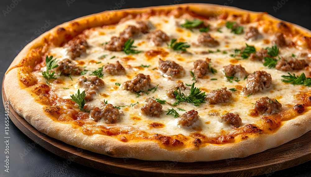 Delicious sausage pizza with melted cheese and herbs on wooden board Delicious sausage pizza with melted cheese and herbs on wooden board