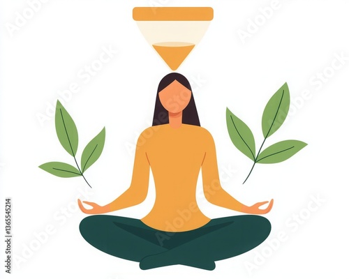 Self development successful concepts. A serene illustration of a woman meditating, surrounded by leaves, symbolizing mindfulness and tranquility.