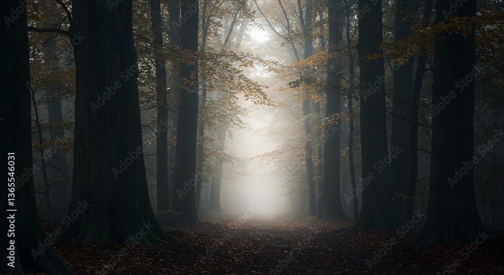 Naklejka premium Forest in fog with mist. Fairy spooky looking woods in a misty day