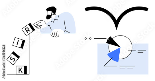 Man balancing falling risk blocks while analyzing pie chart data insights, emphasizing strategic planning. Ideal for risk management, decision-making, strategy, leadership, analytics