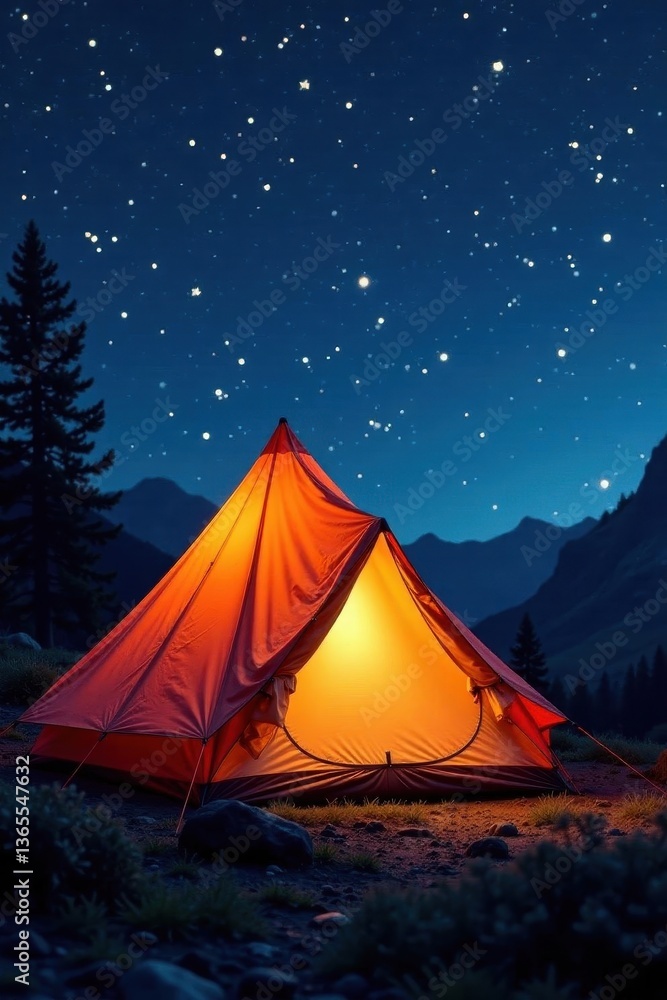 Brightly lit tent against a backdrop of sparkling stars , Milky Way, bright Brightly lit tent against a backdrop of sparkling stars , Milky Way, bright