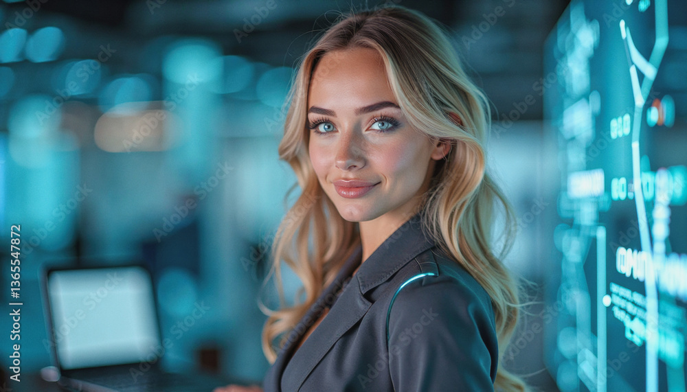 Obraz premium A portrait headshot photo of a friendly professional CEO executive business worker: A confident young woman with blonde hair, wearing a black blazer, gazes forward amidst a blurred, futuristic ba