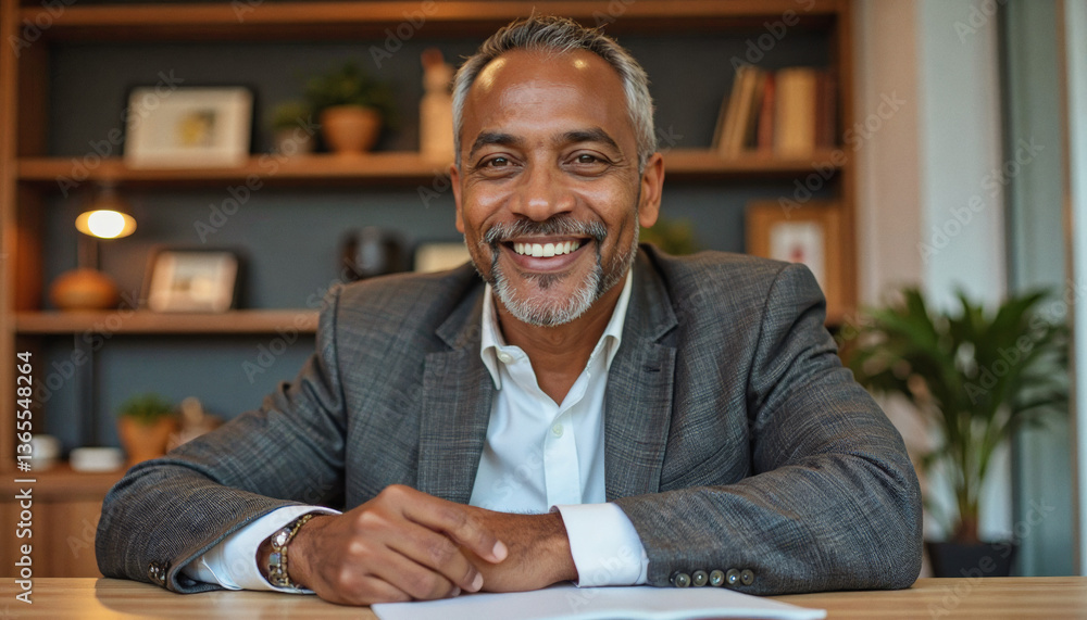 Fototapeta premium A portrait headshot photo of a friendly professional CEO executive business worker: A smiling middle-aged man with graying hair and a neatly trimmed beard sits confidently at a desk in a modern o
