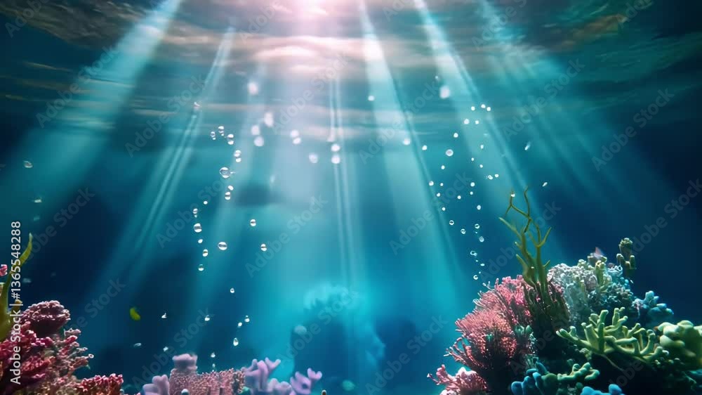 Underwater coral reef scene, sunbeams Underwater coral reef scene, sunbeams