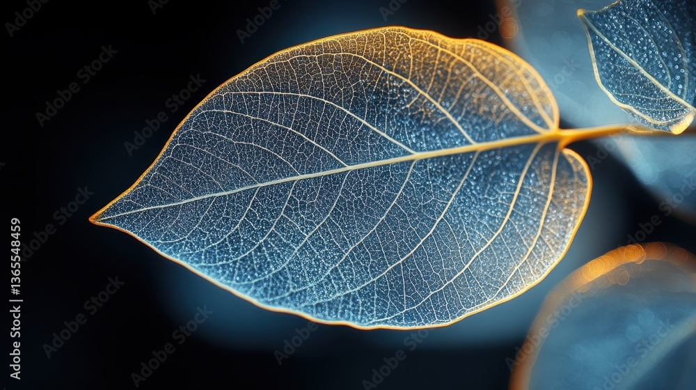 Illuminated leaf veins, close-up macro, dark background, nature detail, website banner Illuminated leaf veins, close-up macro, dark background, nature detail, website banner