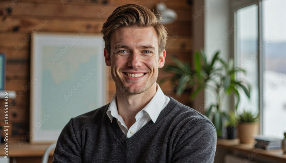Naklejka premium A portrait headshot photo of a friendly professional CEO executive business worker: A smiling man with light brown hair and a neatly trimmed beard sits indoors, radiating warmth and confidence in