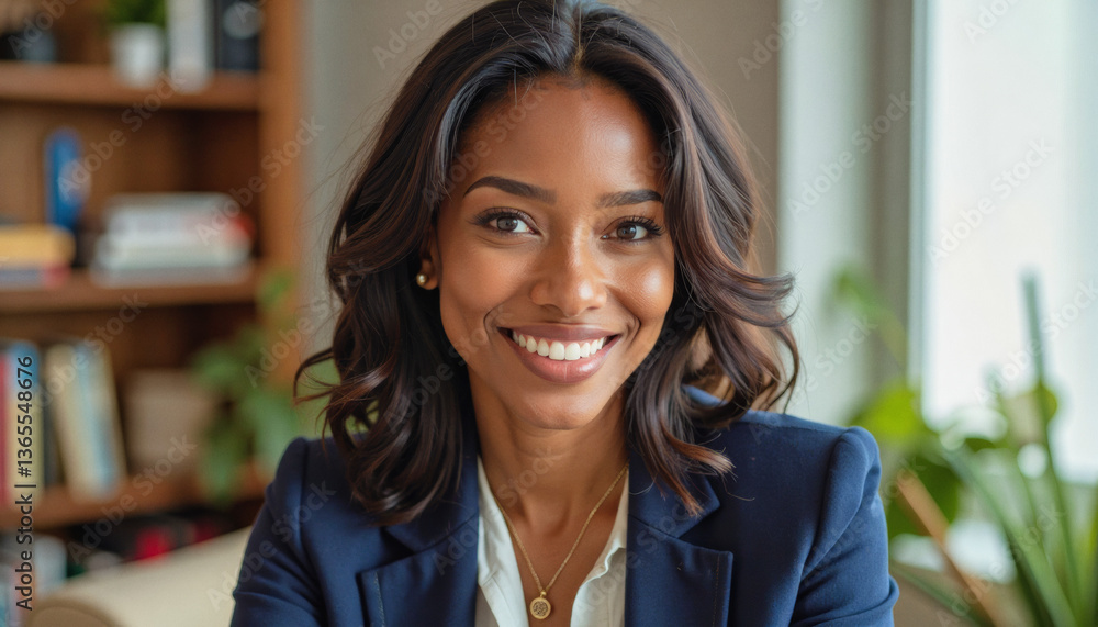 A portrait headshot photo of a friendly professional CEO executive business worker: A smiling, confident Black woman in a navy blazer and white shirt looks directly at the camera, conveying profe A portrait headshot photo of a friendly professional CEO executive business worker: A smiling, confident Black woman in a navy blazer and white shirt looks directly at the camera, conveying profe