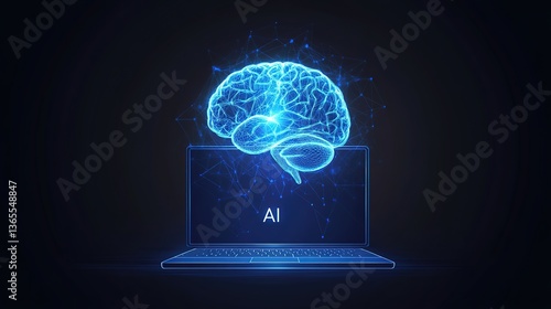 Futuristic AI Brain Hologram Above Laptop – A Vector Illustration of Machine Learning, Neural Networks, and Data Processing in Technology