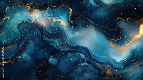 Abstract fluid art background with swirling patterns of deep blues and golds.