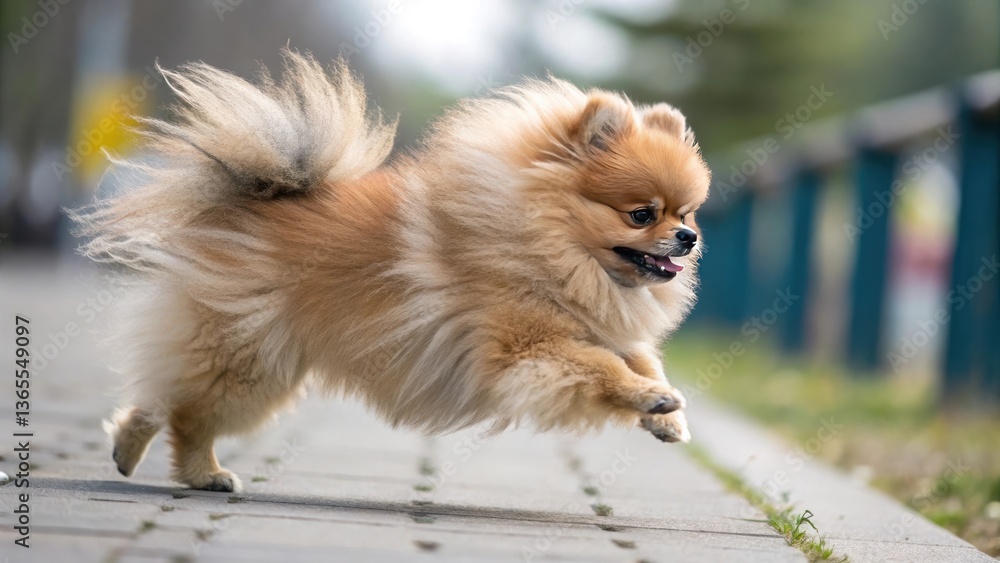 A fluffy Pomeranian dog running joyfully on a paved path, captured in mid-air, exuding energy and playfulness A fluffy Pomeranian dog running joyfully on a paved path, captured in mid-air, exuding energy and playfulness