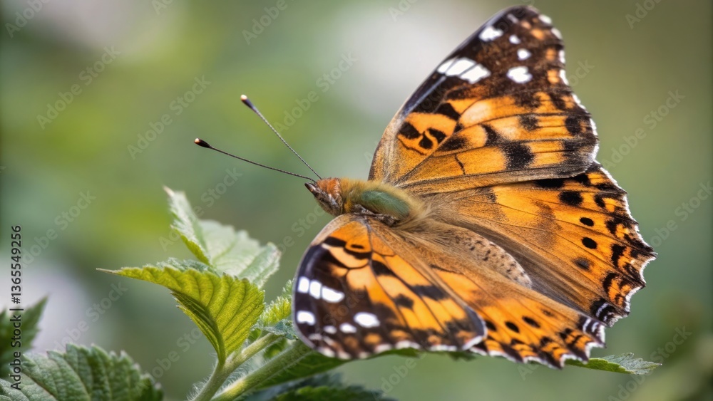 Obraz premium A captivating butterfly with intricately patterned wings perches on a leaf, showcasing the beauty of nature