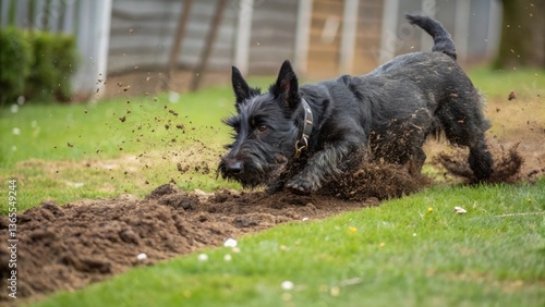 A playful Scottish terrier digging in the garden, enjoying itself