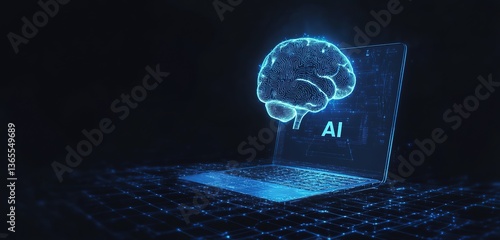 Futuristic AI Brain Hologram Above Laptop – A Vector Illustration of Machine Learning, Neural Networks, and Data Processing in Technology
