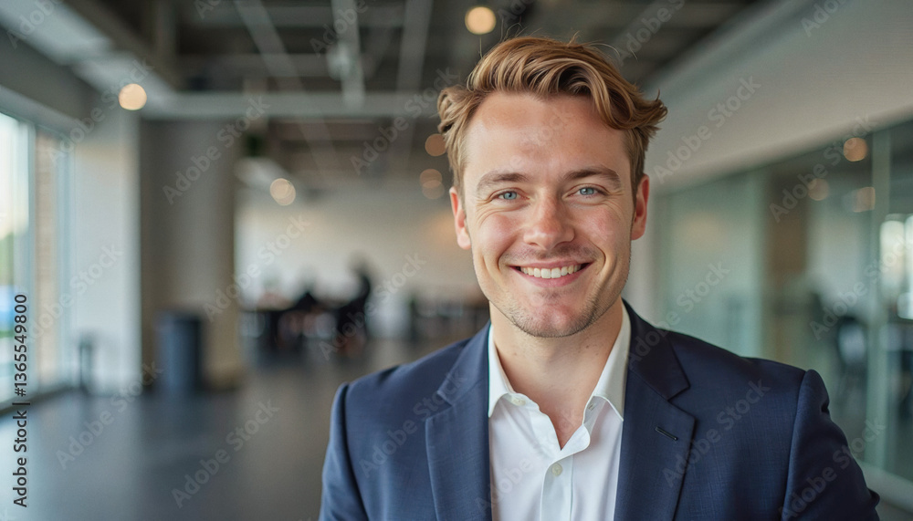 custom made wallpaper toronto digitalA portrait headshot photo of a friendly professional CEO executive business worker: A smiling young man in a suit stands confidently in a modern office lobby, looking directly at the camera.