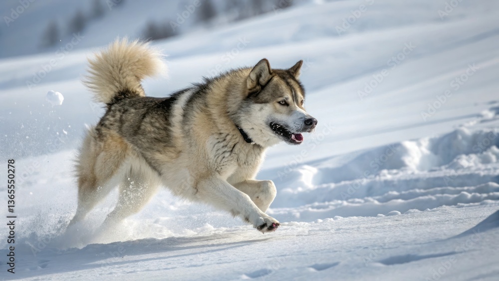 Naklejka premium an Alaskan malamute joyfully running through snow-covered landscape. This majestic dog exhibits playful energy, with fluffy tail and fur, showcasing an image of joyful winter activities.