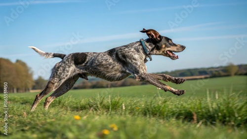 A Bluetick Coonhound dog running freely in a green field, enjoying a sunny day.