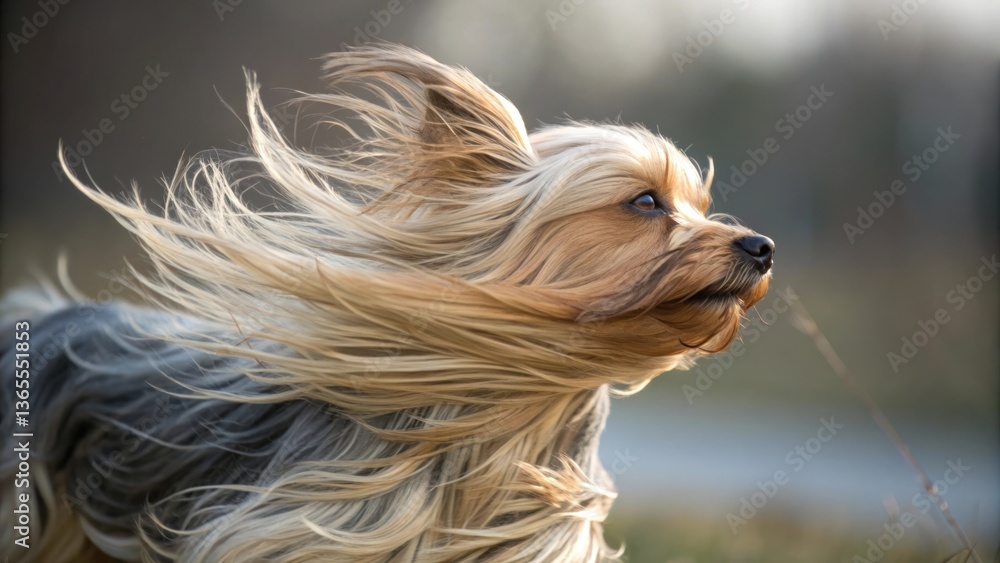 Naklejka premium a yorkshire terrier dog with windblown hair, the dog is running outdoors