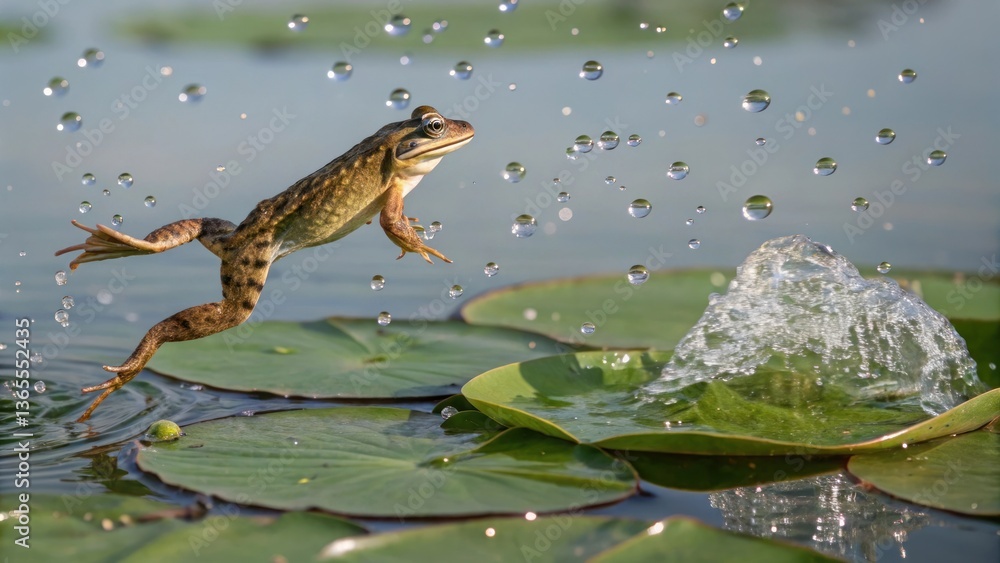 a frog leaps from a lily pad into the water, creating a splash of water droplets in the air. The frog is perfectly captured in mid-air, showcasing its incredible agility and the beauty of nature a frog leaps from a lily pad into the water, creating a splash of water droplets in the air. The frog is perfectly captured in mid-air, showcasing its incredible agility and the beauty of nature
