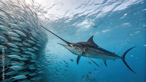 A marlin swimming gracefully in the ocean, a multitude of smaller fish, a vibrant underwater world, a fascinating spectacle of marine life 