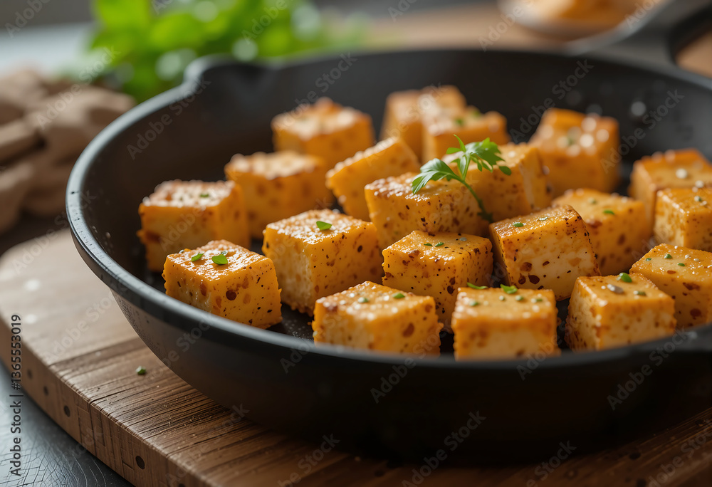 Cubes of tofu are sautéed in a pan, enhanced by a mix of spices and herbs, showcasing a delicious soy product ready for a healthy meal. Cubes of tofu are sautéed in a pan, enhanced by a mix of spices and herbs, showcasing a delicious soy product ready for a healthy meal.