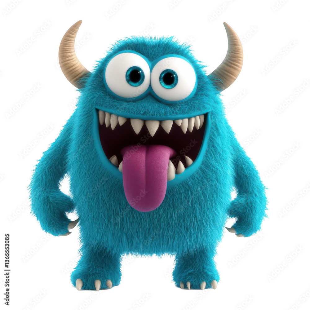 Fototapeta premium 3D cartoon, a happy, cute blue furry monster with horns and big eyes sticking out its tongue, on a white background, png