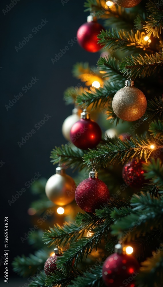 Christmas tree decorated with ornaments and lights, holiday, evergreen Christmas tree decorated with ornaments and lights, holiday, evergreen