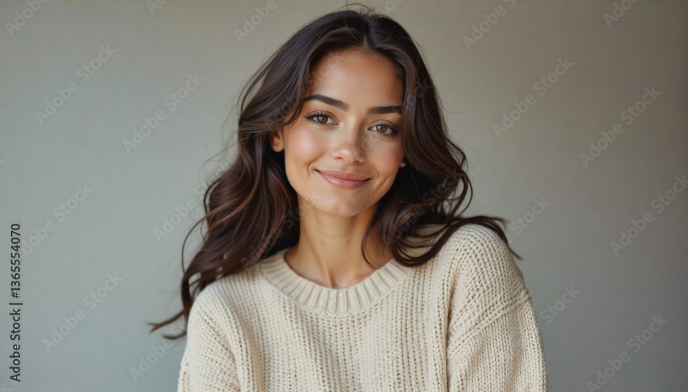 A portrait headshot photo of a friendly professional CEO executive business worker: A beautiful woman with long, dark wavy hair and a warm smile gazes directly at the viewer while wearing a cream A portrait headshot photo of a friendly professional CEO executive business worker: A beautiful woman with long, dark wavy hair and a warm smile gazes directly at the viewer while wearing a cream