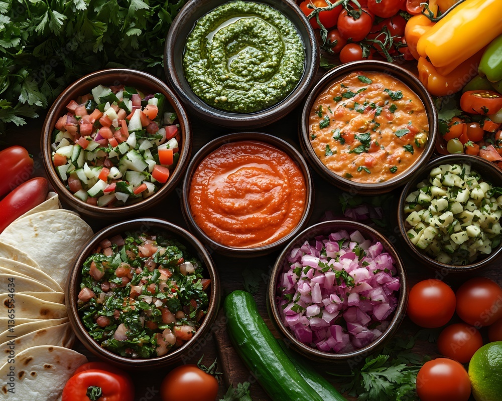Creative Array of Colorful Dips Served in Unique Vessels with Fresh Vegetables and Wraps Creative Array of Colorful Dips Served in Unique Vessels with Fresh Vegetables and Wraps