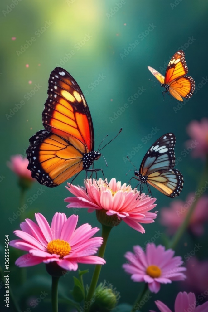 Fototapeta premium Colorful butterflies dancing on flowers, flowers, wings