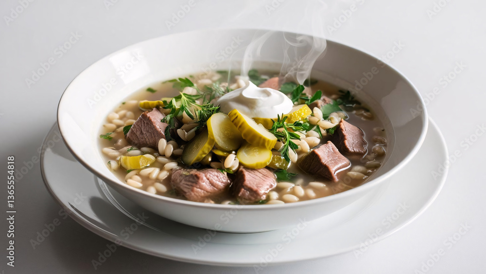 a steaming bowl of soup. The dish contains cubes of meat, pickles, barley, fresh herbs, and a dollop of sour cream. a steaming bowl of soup. The dish contains cubes of meat, pickles, barley, fresh herbs, and a dollop of sour cream.
