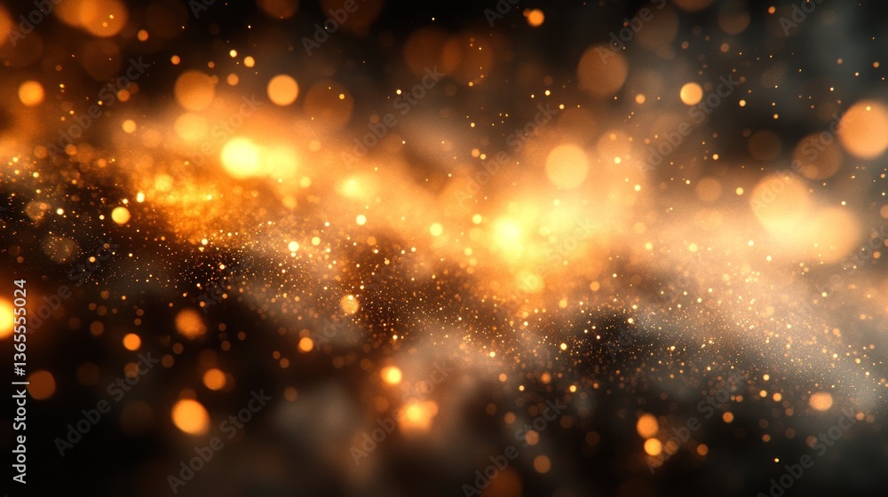 Abstract gold and black bokeh background with glowing particles and smoke.