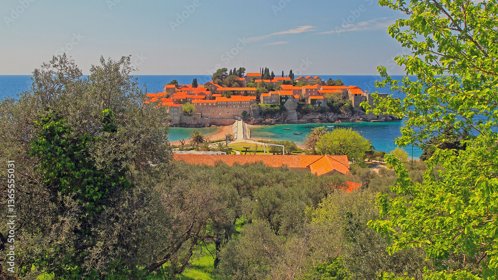 Luxury Resort Islet Sveti Stefan at Adriatic Sea in Montenegro Autumn