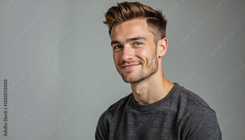 Obraz premium A portrait headshot photo of a friendly professional CEO executive business worker: A young man with a neatly styled haircut and trimmed beard smiles warmly at the viewer against a neutral gray b